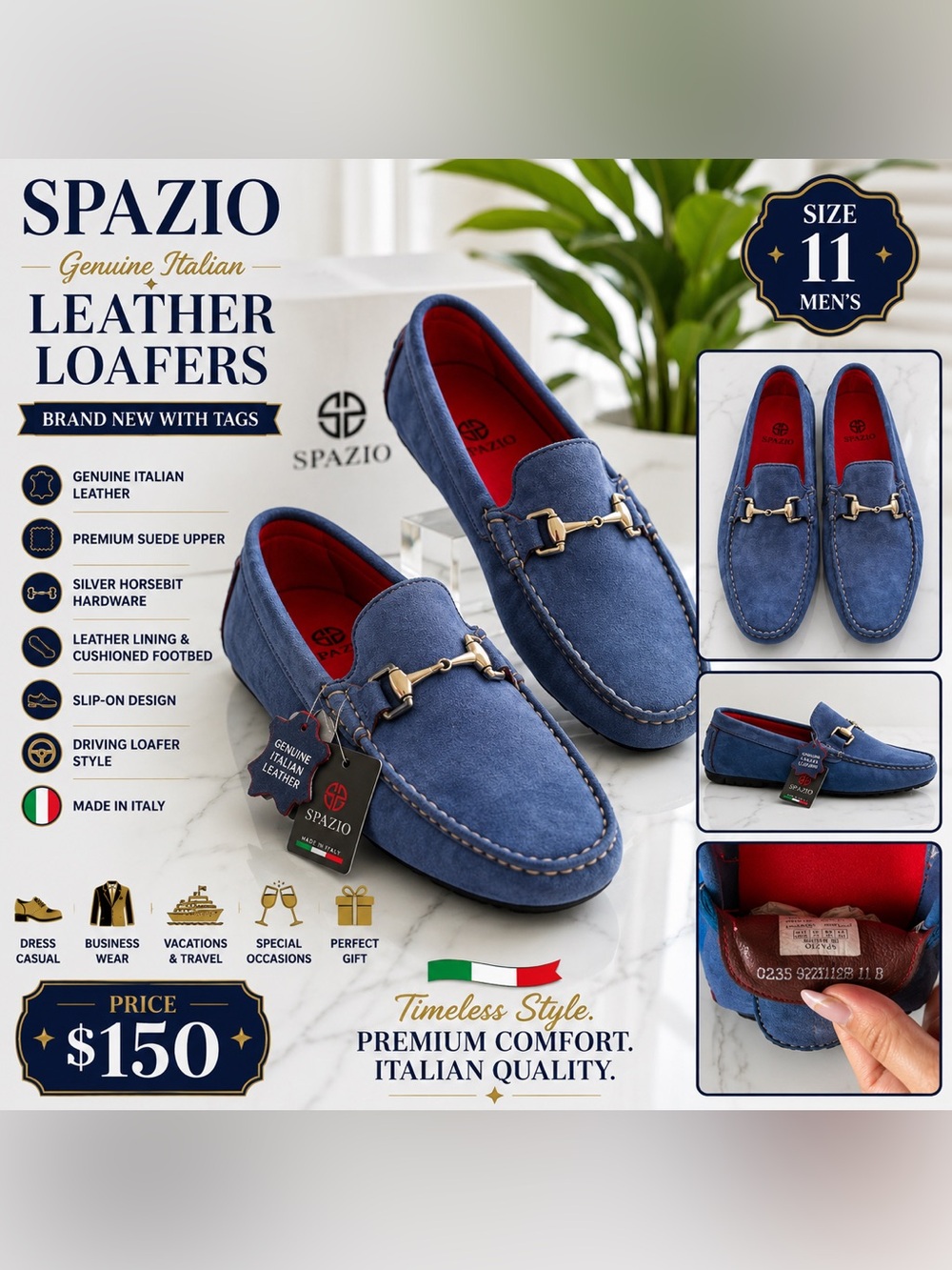 Spazio Genuine Italian Leather Suede Horsebit Loafers – Men’s Size 11 NWT